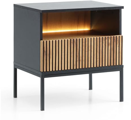Komodee Nachttisch Laval Schwarz/Eiche 154x83x39 cm | Komodee Laval ST97 – Nachttisch mit Schublade, Schwarz, Wotan-Eiche, Breite 54 cm, Höhe 56 cm, Tiefe 39 cm