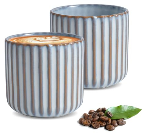 Luxvara 2er Set Kaffeebecher, 180ml Ohne Henkel Premium Barista Kaffeetasse aus Hochwertigem Steingut Dickwandiger Kaffeebecher - Entworfen für Latte Art (Fischbauch weiß)