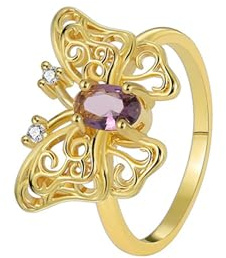 AMDXD Echtschmuck Antragsring Gelbgold 585 14K, Pärchen Ringe Schmetterling mit Amethyst Ovalschliff Lila, Partnerringe mit Moissanit Au585 Gold, Gr.51 (16.2)