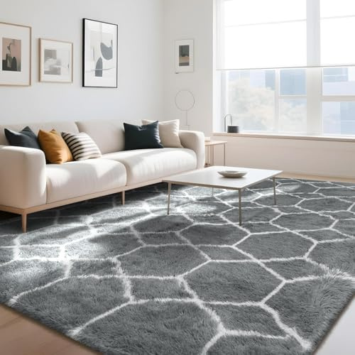 ZRSDIXKI Hochflor Teppich Wohnzimmer 160x230 cm, Grau Weiß Geometrisch | Flauschiger Langflor Shaggy Teppich Anti-Rutsch, Weicher Moderner Teppich für Schlafzimmer Kinderzimmer