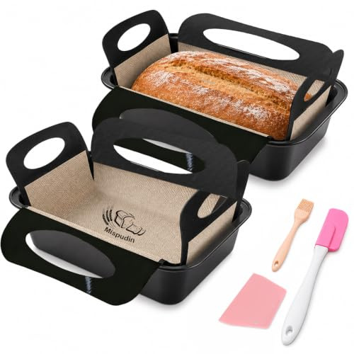 Mispudin 2lb Loaf Tin Set, 2 Pack Nonstick Bread Tins with Silicone Liners | Rectangle Loaf Pans, Reusable Liners, Durable Carbon Steel, for Homemade Banana Bread, Meatloaf, Toast, Lasagna, Sourdough