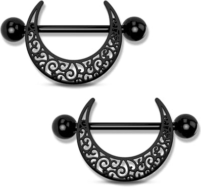 OUFER 14G Schwarz Mond Nipple Barbells Nipplerings Set, 2 Stück Brustwarzenpiercing aus Edelstahl 316L, 14 mm Nippelpiercing Körperschmuck für Frauen Abendevents
