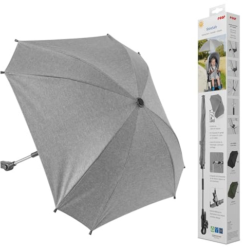 reer ShineSafe Kinderwagen-Sonnenschirm | UV-Schutz (UPF 80+) | universal passend für Kombi- & Sportwagen | Sonnenschutz mit Drehgelenk | aus 100% rPET-Polyester | Einfache Anbringung | Grau-Melange