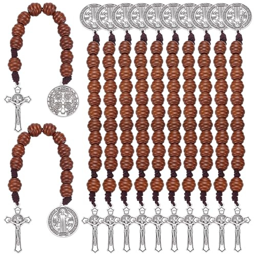 INTERWARM 12 Stück Rosenkranz Mit Der Heiligen Benedikt Medaille Für Die Handtasche 19.7cm Braune Holzperlenkreuz Katholische Gebetsperlen Für Männer Und Frauen Taschenrosenkranz Mit Religiösen