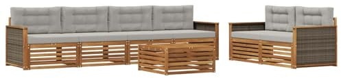 vidaXL Outdoor-Sofagarnitur mit Kissen 7 pcs Natürlich und Hellgrau, Garten-Lounge, modernes Outdoor-Sofa, modulares Set für Terrasse, Bequeme Sitzmöbel