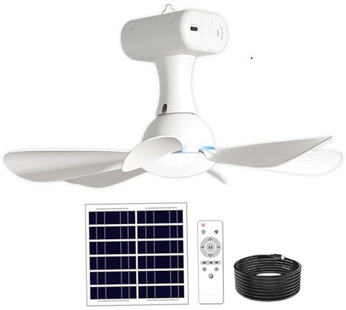 Ameble Ventilatore da soffitto solare con ventilatore da soffitto portatile remoto con batteria da 6000 mAh, pannello da 6 W per uso interno ed esterno in dormitorio, patio, campeggio