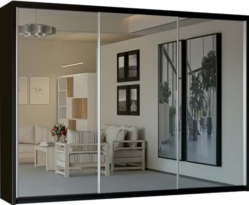SLIDING WARDROBE 4U Mirror Sliding 2 or 3 Door Wardrobe with LED Light 90cm/120cm/150cm/180cm/203cm/250cm White-Black-Grey-Walnut-Wenge-Oak (Black, 250cm)