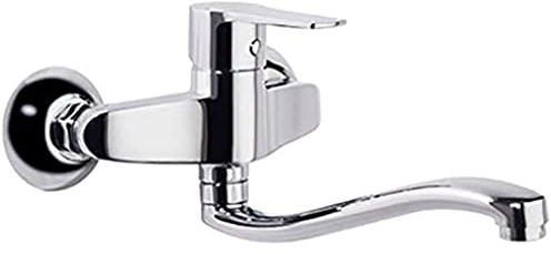 Ramon Soler - Grifo de Cocina Monomando Mural, Ahorro de Agua S2, Caño Bajo Cromado, Serie Titanium, Ideal para Fregadero, Diseño Moderno y Funcional, Fácil Instalación