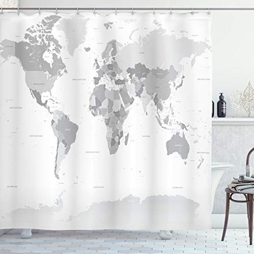 ABAKUHAUS Weltkarte Duschvorhang, Weltkarte Kontinent der Erde, Stoffliches Gewebe Badezimmerdekorationsset mit Haken, 175 x 220 cm, Grau weiß