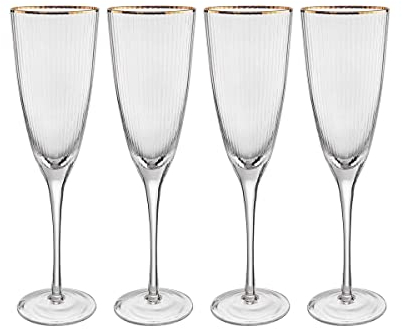 BUTLERS 4er Set Sektgläser mit Goldrand und Rillen 250ml Vintage Gläser - GOLDEN TWENTIES - Sektflöte aus mundgeblasenem Glas | Trinkgeschirr & Sektkelche für Prosecco, Champagner