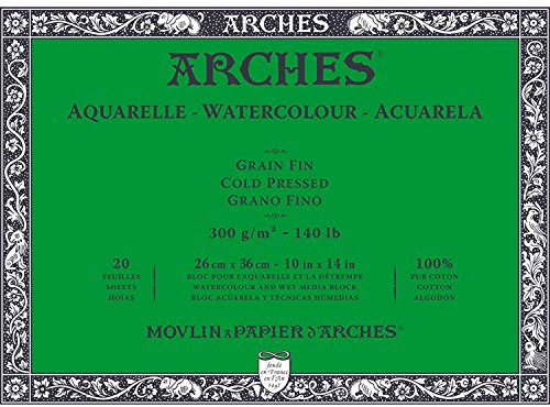 ARCHES Aquarelle – Block mit 20 Blatt 26 x 36 cm, 4 Seiten geleimt, 300 g/m², feine Körnung, naturweiß, 4 Kanten