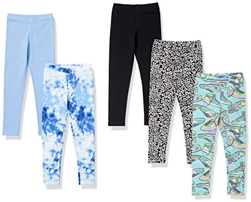 Amazon Essentials Legging Fille, Lot de 5, Bleu/Bleu des Mers du Sud/Cœurs/Noir/Tie-Dye, 5-6 ans