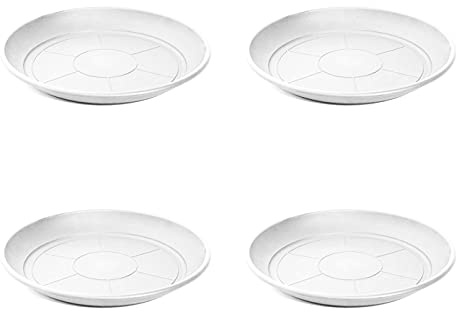 Acan Pack de 4 Platos de plástico para macetas de 20/25 cm Mediterránea. Bandejas, platillos, bajoplatos Redondos para tiestos de Interior, Exterior, jardín, terraza o balcón (Blanco)