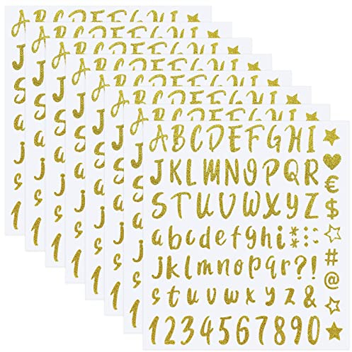 Glitzer Buchstaben Aufkleber, 8 Blätter 640 Stück Alphabet Buchstaben Nummer Aufkleber Wasserdicht Postfach Nummern Aufkleber Selbstklebende Buchstaben Aufkleber für Karten Tür Wand Holz Schild (Gold)