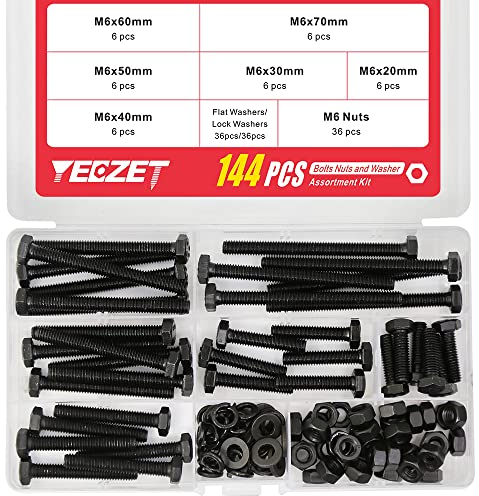YEEZET Lot de 36 vis à tête hexagonale M6 boulons et écrous plats et rondelles de verrouillage en alliage d'acier de qualité 8.8 (20mm 30mm 40mm 50mm 60mm 70mm)