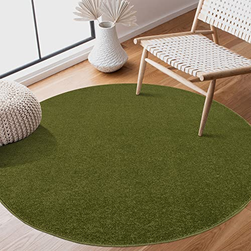 SANAT Kurzflor Teppich Wohnzimmer - Uni Modern Teppiche fürs Schlafzimmer, Arbeitszimmer, Büro, Flur, Kinderzimmer und Küche - Grün, 120 cm Rund