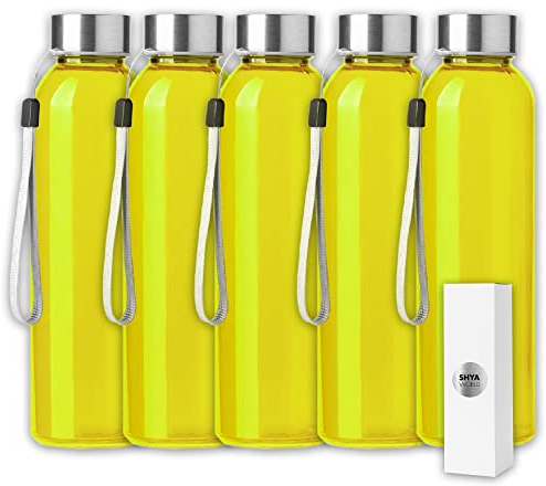 ShyaWorld Glasflasche mit Kordelzug, 500 ml, transparent, Schraubverschluss aus Edelstahl, Einzelschachteln pro Flasche (5 Stück, gelb)