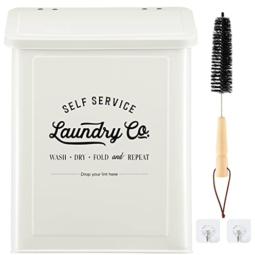 MONJITA Magnetic Lint Bin for Laundry Room, Metal Trash Can with Lid for Dryer, Farmhouse Lint Holder, Laundry Co Sign, Laundry Room Storage Decor with Dryer Lint Brush(White)
