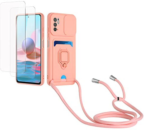 Kaslly Funda con Cuerda para Redmi Note 10 5G/Xiaomi Poco M3 Pro 5G+[2 Pack Protector Pantalla],Case con Ranura para Tarjetas,Cubierta de Cámara Deslizante Proteger,Doble Cara Protección-Rosa