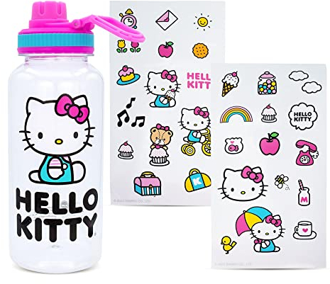 Silver Buffalo Hello Kitty Icons 32oz Twist Spout Plastic Bottle with Sticker Set