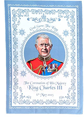 SAJAK King Charles III Coronation Tea Towel, 100% Cotton Royal | Premium 100% cotton coronation keepsake in grey & steel blue, 48 x 72cm - a souvenir for royal fans