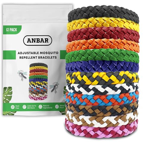 Anbar Leather Mosquito Repellent Bracelets for Adults and Kids, 12 Pack, Deet Free, All-Natural Anti-Mosquito, Tick, and Insect Essential Oils, 300-Hour Waterproof Outdoor Protection (Mixed)