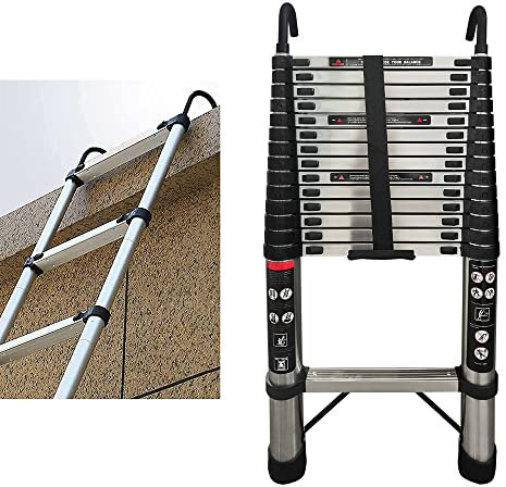 Scala telescopica, allunga telescopica, portatile, altezza 4,4 m, scaletta pieghevole a scomparsa, con 14 gradini e ganci per tetto, in acciaio inox