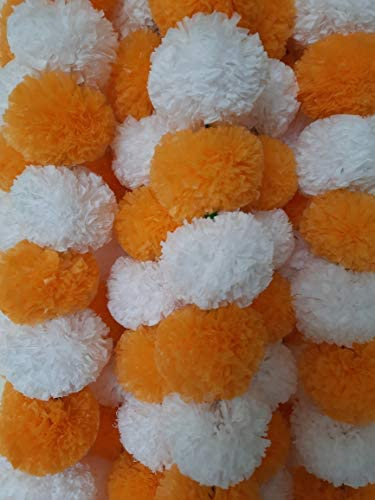 DECORATION CRAFT L.Orange & White 5ft Artificial Marigold Flower Garland for Parties Wedding Diwali Mehndi Pooja Festival & Traditional Indian Theme Decoration Home Decoration Photo Prop Backdrops DIY