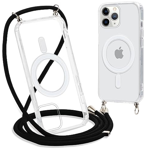 Yoedge Handykette für iPhone 11 Pro Max Hülle mit Band 6,5, Transparente Magnetisch Handyhülle [Kompatibel mit Magsafe], Schlank Dünn Silikon TPU Stoßfest Schutzhülle mit Kordel zum Umhängen, Schwarz