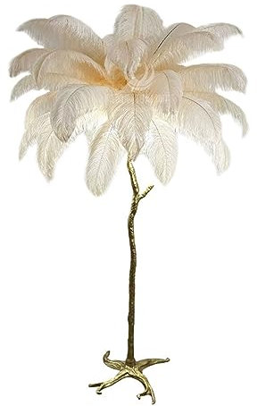 Standing Lamp with 35 PCS Natural Ostrich Feathers, Floor Lamp with 3 Color Adjustable LED Lights, with Foot Switch, for Bedrooms and Living Room (Color : Light Apricot, Size : 110cm x H170cm)