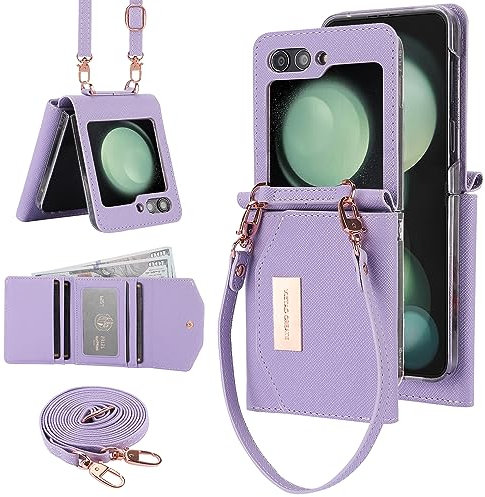 XIMAND per Samsung Galaxy Z Flip 5 Custodia a portafoglio con slot per contanti in pelle integrato e porta carte di credito. Protezione cinturino e cerniera. Custodia per cellulare da donna.(Viola)
