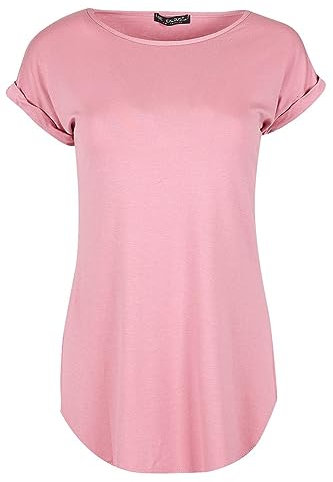 Ladies Curved Hem Jersey Plain Top Womans Round Neck Turn Up Cap Sleeve T Shirt (10, Rose Pink)