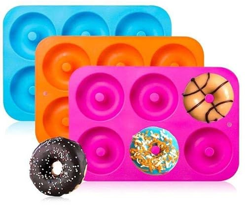 Onlineforu 3 Pack Donut Pan Silicone Baking Moulds – Non-Stick Doughnut Baking Trays BPA-Free – for 6 Full-Size Donuts, Muffins, Cakes & Bagels – Oven, Microwave & Dishwasher Safe