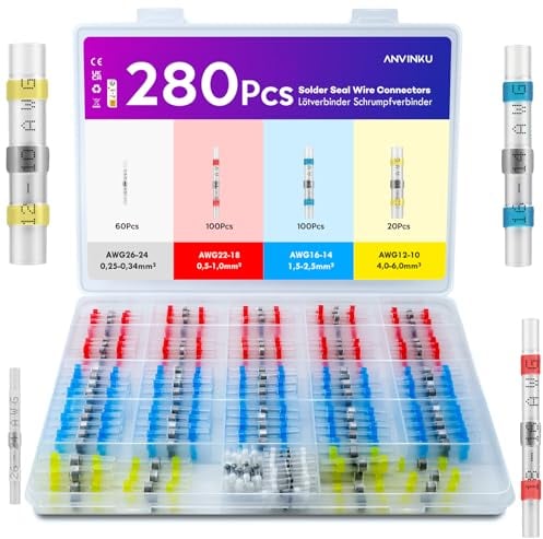 ANVINKU 280 Stück Lötverbinder Schrumpfverbinder Set, 4 Types Kabelverbinder Wasserdicht, Kabel Lötverbinder mit Schrumpfschlauch für Schiffsfahrzeug-Elektrotechnik, Lötverbinder Set