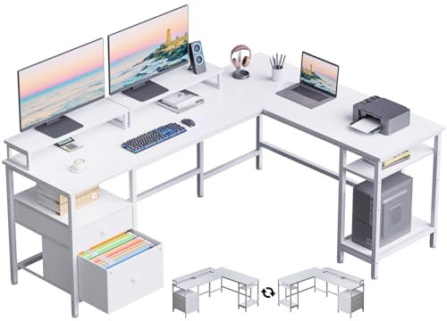 Furologee White 66 L Shaped Desk with Shelves, Reversible Corner Computer Desk with File Drawer & Dual Monitor Stand, Large Home Office Desk Writing Study Gaming Table Workstation
