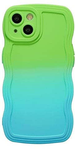 ZCDAYE Compatible with iPhone 15, Cute Neon Rainbow Gradient Color Curly Wave Frame Camera Protection Soft TPU Shockproof Case Cover for iPhone 15 (6.1 inch), Green&Blue