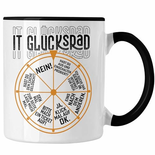 Trendation - IT Techniker Tasse Geschenk Lustiger Spruch IT Glücksrad Fachinformatiker Kaffeetasse (Schwarz)