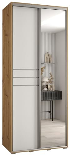 MEBLE KRYSPOL Davos 11 110 Schrank mit Zwei Schiebetüren für Schlafzimmer - Moderner Schrank mit Spiegel, Kleiderstange und Regalen - 235,2x110x45 cm - Artisan Weiß Silber