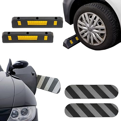 PETEX Radstopper (2 Stück) mit Reflexionsstreifen nach ECE R 104 + Garagenwandschutz (2 Stück)