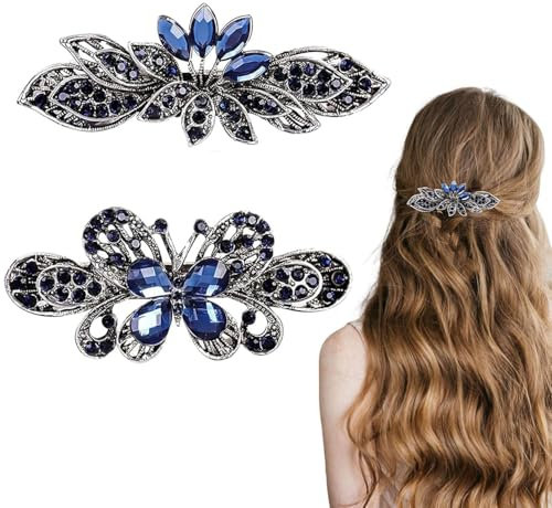 2 Piezas Horquilla de Mariposa de Cristal Vintage, Retro Flor Pinzas Para el Cabello, Pinzas para el Cabello con Flores de Diamantes de Imitación, Regalo para Mujeres, Esposa o Novia