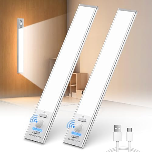 Unterbauleuchte Küche LED [2 Stück], 6000K Dimmbar Nachtlicht mit Bewegungsmelder, 2000mAh Wiederaufladbar Schrankbeleuchtung Magnetische Lichtleiste für Kleiderschrank, Schrank, Treppe (24CM)