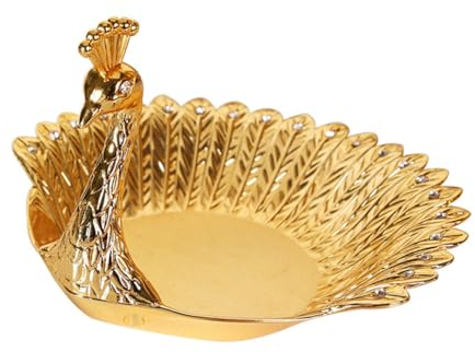 HOMEDEK 1 STK. Pfauen Fruchtplatte Metall Tablett Schale Gold Metall für Bonbon Schmuck Snack Teller Servieren Hausdekoration