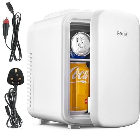 Reemix Mini-Kühlschrank, 4 Liter/6 Dosen, tragbarer Kühler und Wärmer persönlicher Kühlschrank für Hautpflege, Kosmetik, Getränke, Lebensmittel, ideal für Schlafzimmer, Büro, Auto (Weiß)