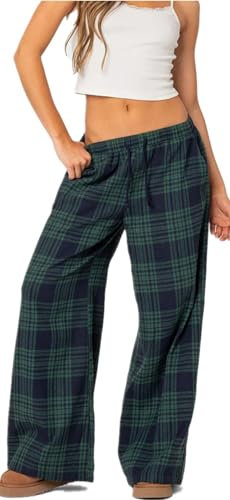 Pantalon de pyjama à carreaux pour femme - Taille élastique - Pantalon ample à jambe large - Pantalon de détente - Pantalon décontracté pour femme, bleu, M
