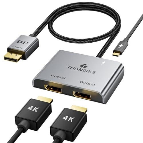 THANDBLE DisplayPort Adapter auf Dual DisplayPort (4K bei 60Hz), 1 in 2 Ausgänge, für Dual-Monitor, Erweitertes Display, MST DP auf 2 DP Adapter für PC, Grafikkarte