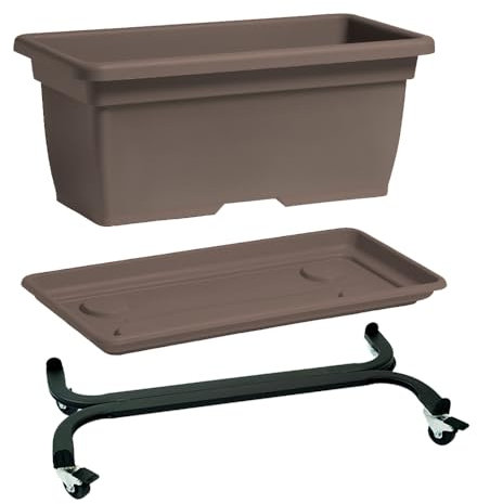 Nicoli Pot de jardinière d'extérieur en polypropylène avec soucoupe pour plantes ou fleurs, pot rectangulaire pour balcon, jardin, terrasse (taupe, 100 cm avec chariot)