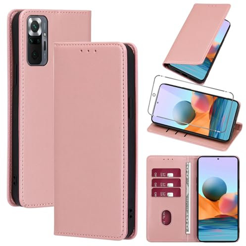 Vauki Funda Cuero para Xiaomi Redmi Note 10 Pro 4G con 1 Cristal Templado Carcasa PU Tipo Cartera Soporte Tarjetas Case Soporte Plegable Tapa Libro Movil Flip Caso para 6.67 Rose-Gold