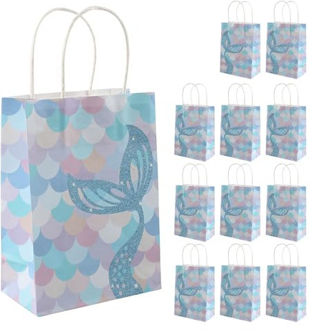 12 Meerjungfrau Papier Geschenk, Kindergeburtstag Geschenktüten, Meerjungfrau Party Taschen, Papiertüten aus Kraftpapier, Geschenktüten mit Henkel, Papiertüten Klein für Geschenkverpackungen