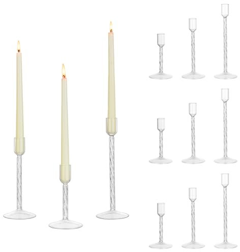 Glasseam Glas Kerzenständer Stabkerzen Klar: 12er Set Kerzenhalter Stabkerze Modern Stabkerzenhalter Glas für Tisch Deko Kerzenständer Weihnachten für Esstisch Hochzeit Geburtstag Dekoration