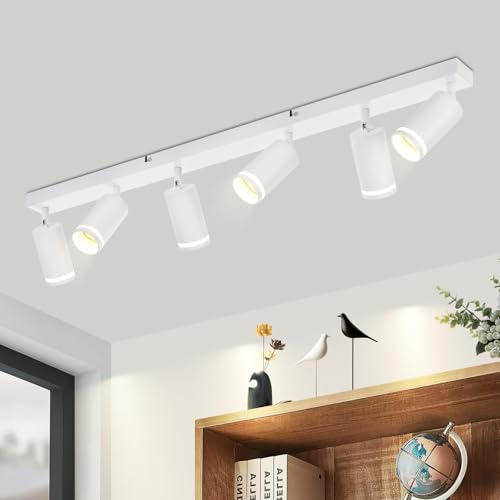 meoaow Deckenstrahler Weiß 6 Flammig Wohnzimmer Modern Deckenlampe Strahler GU10 Spots Schwenkbar Innen Metall Deckenleuchte Deckenspots für Flur Küche Schlafzimmer, Ohne Leuchtmittel